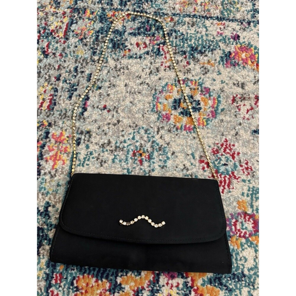 Vintage 90s Black Wristlet Handbag Rhinestone Chain Detail